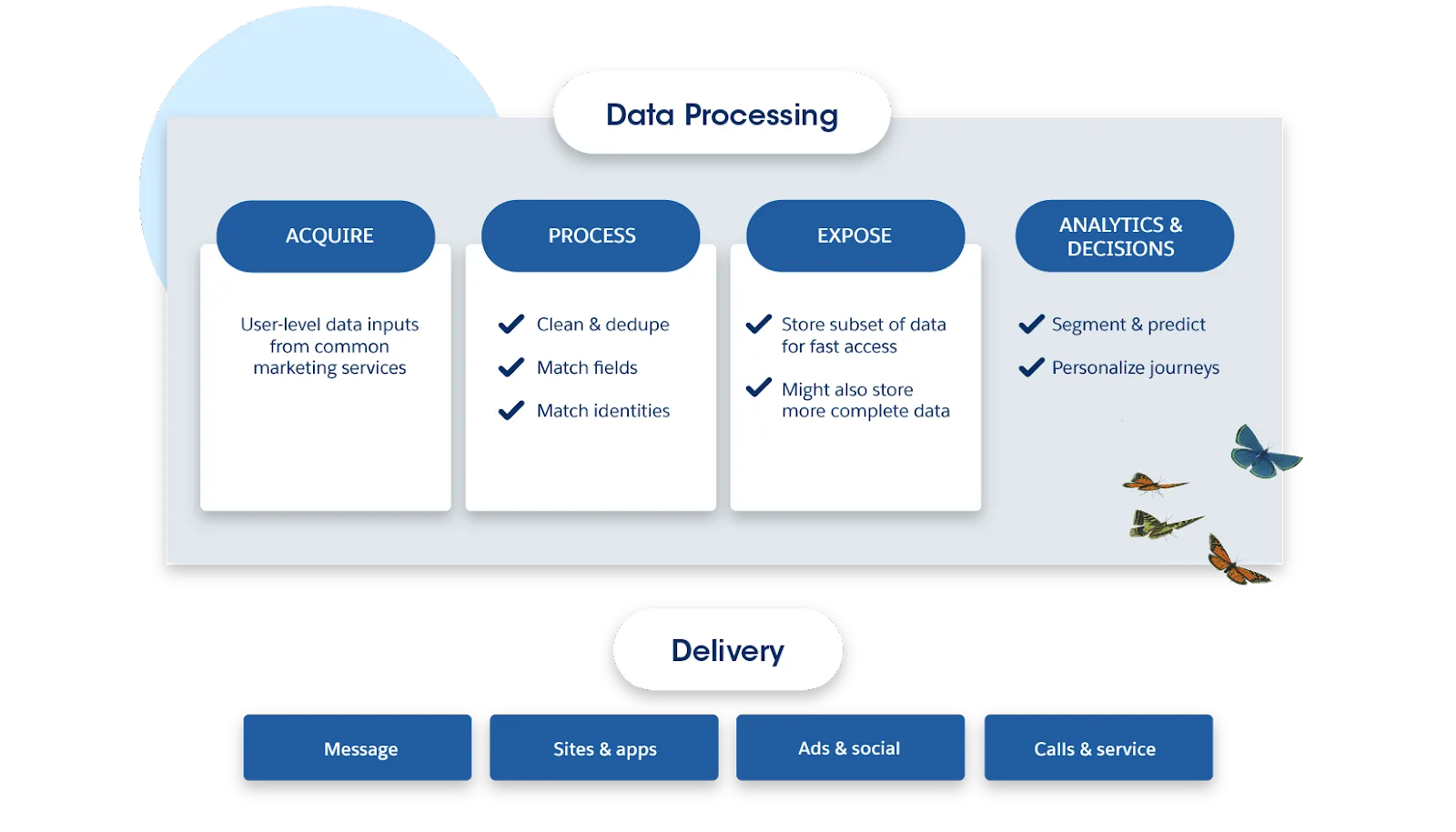 Here we see steps for Data Processing and Delivery, starting with Acquire, Process, Expose, and Analytics & Decisions [Data Processing], and ending with Message, Sites & Apps, Ads & social, and Calls & service [Delivery]