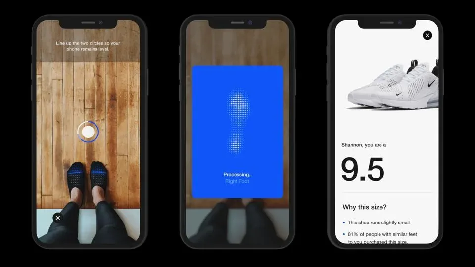 Three screenshots of Nike’s Nike Fit customer experience AI app. In the first screenshot, the user is directed to take an overhead image of their feet, in the second the app provides a processing message, and in the third the result is shown: “Shannon, you are a 9.5”.‍