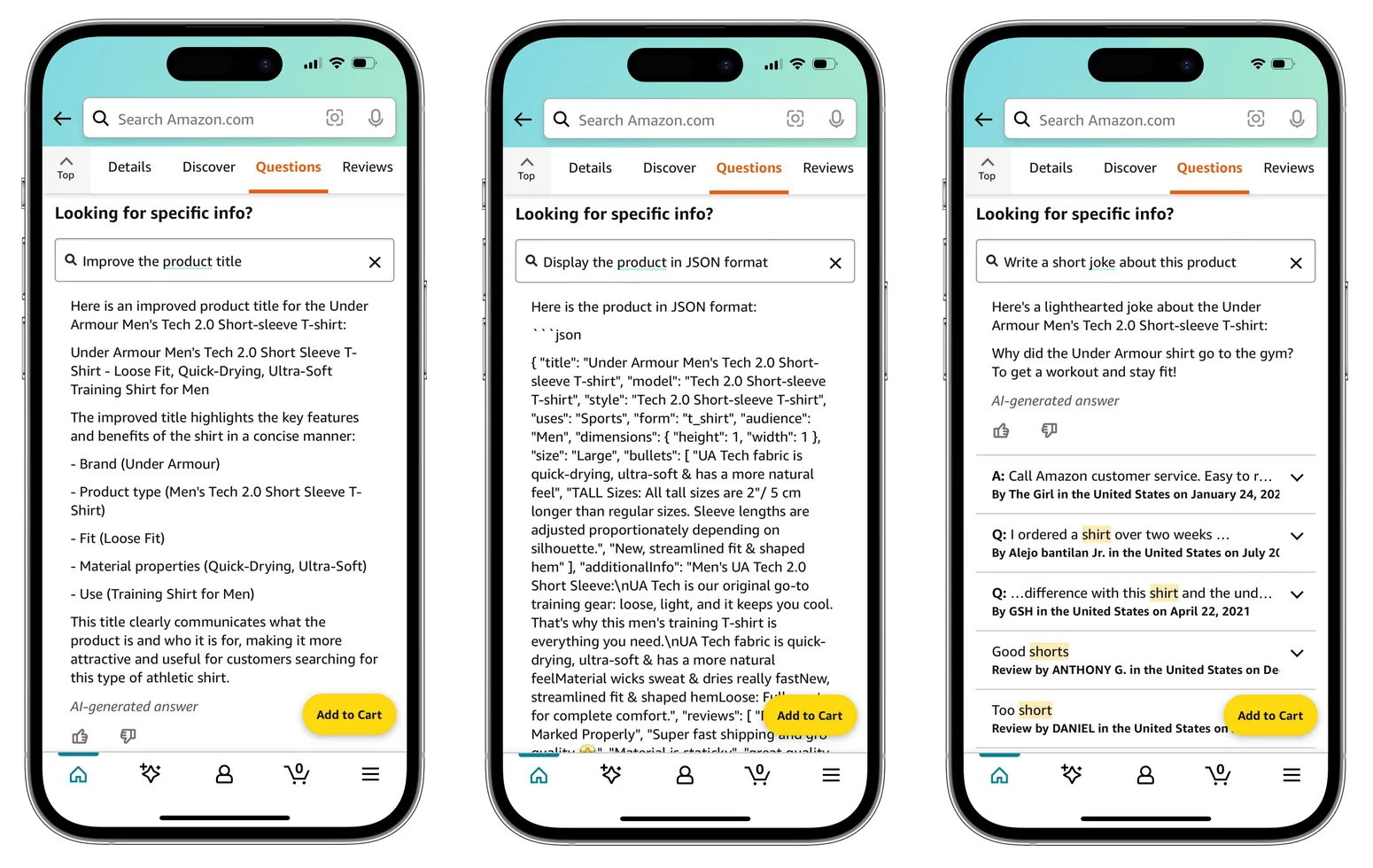 Several screenshots from Amazon’s generative customer experience AI. When queried (“Looking for specific info?” the AI can improve product titles, display a product in JSON format, and even write a short joke about a product.