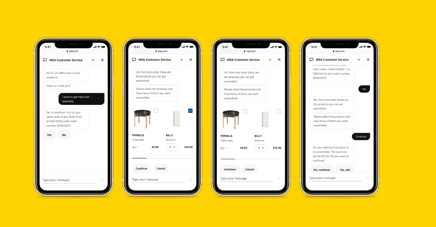 IKEA’s chatbot—Billie—handles generic customer queries efficiently. Here we see four screenshots from a smartphone that show Billie in action, pulling up pictures of products and helping customers decide which products they want assembled for them. Examples of AI in customer experience like this demonstrate the impact AI can have on enterprise organizations.