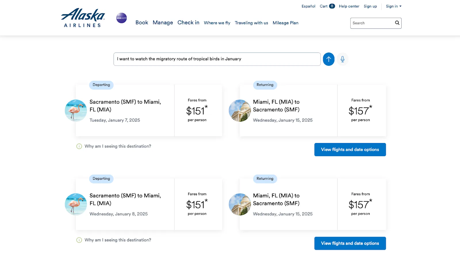 An image showing Alaska Airlines’ AI flight search (in beta) with the prompt “I want to watch the migratory route of tropical birds in January,” with results showing flights to Miami, FL from Sacramento, CA. Airline AI innovations like these are optimizing customer experience and increasing conversion rates.