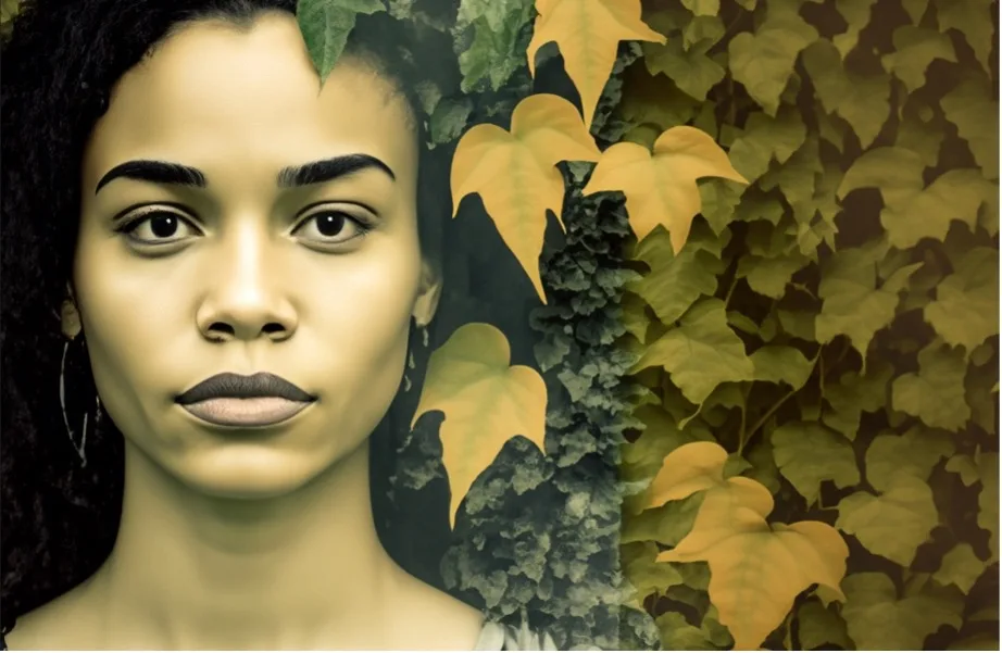 Realistic closeup photographic Portrait of a young woman, ethnically ambiguous, facing the camera in the style of vintage double exposure photograph blended between a portrait of the single young woman and a photo of an ivy plant and foliage made in the style of vintage film photography grain.