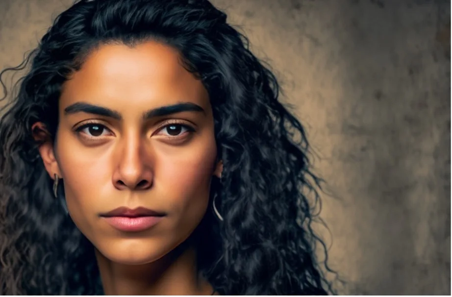 Realistic closeup photographic Portrait of a young woman, ethnically ambiguous, facing the camera in the style of vintage grainy film.