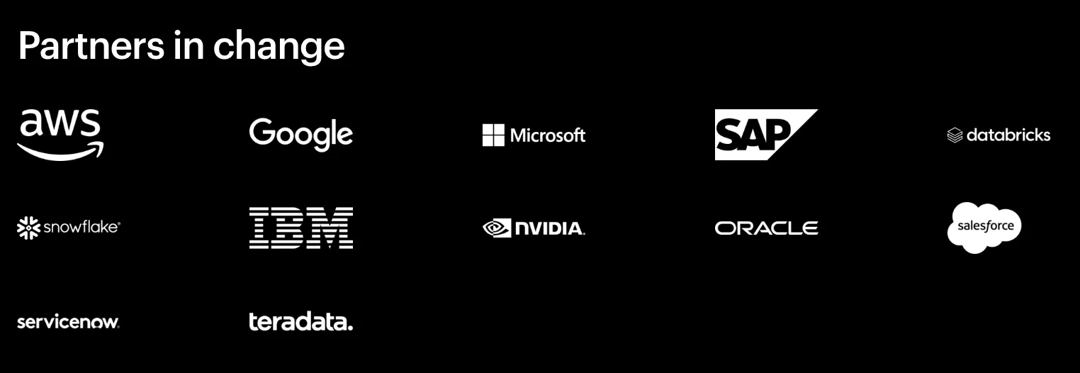A “Partners in change” heading on Accenture’s website, followed by twelve partners including AWS, Google, Microsoft, IBM, and Salesforce. Strategic partnerships like these from top AI consulting firms have helped big players like Accenture to flourish.