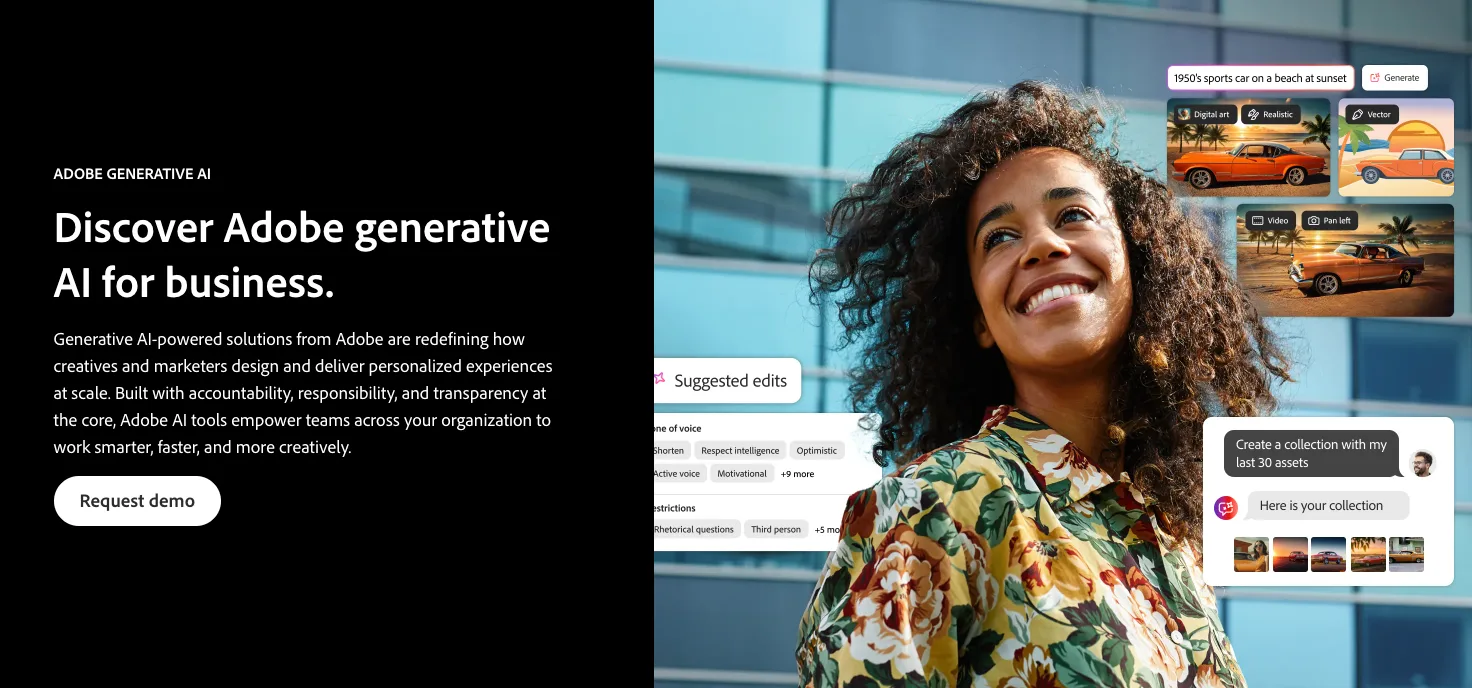 A split banner image with a picture of a woman with curly hair, a Hawaiian shirt, and floating screenshots from Adobe’s generative AI on one side; on the other side, “Discover Adobe generative AI for business” with a short paragraph of marketing copy and a “Request demo” CTA button. Companies like Adobe are creating new offerings aimed at new workflows brought on by AI in Creative Industries.