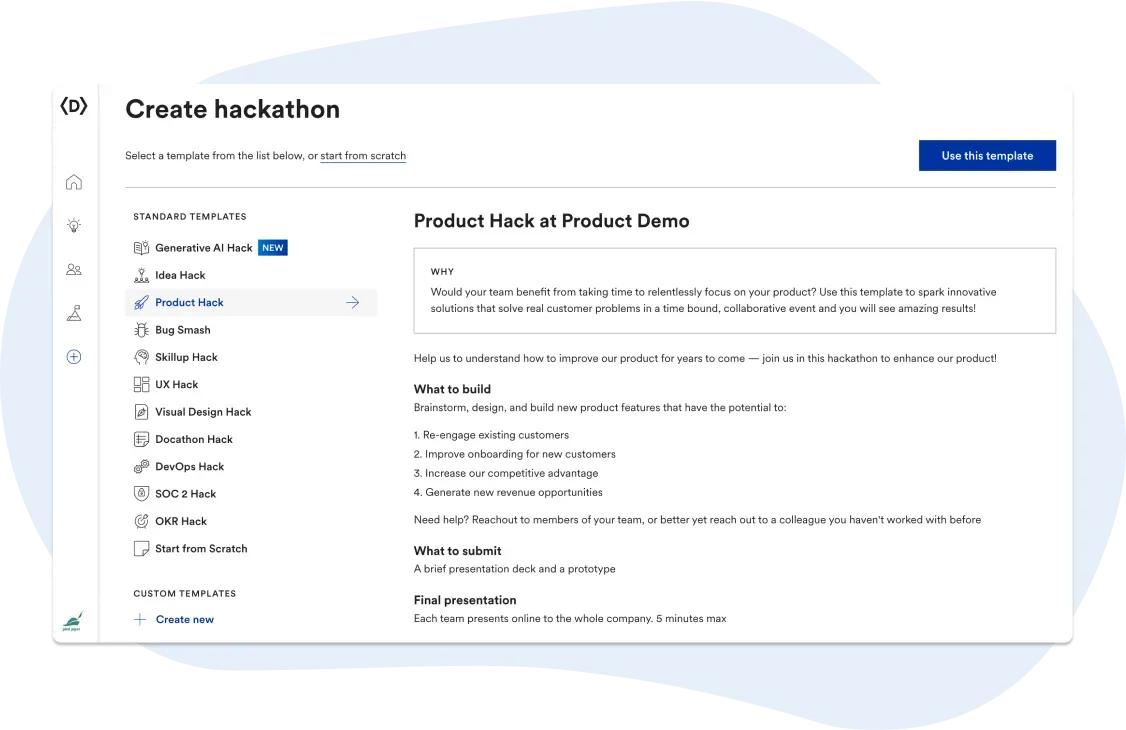 Text: A screenshot of the Devpost Hackathon platform, with “create hackathon” at the top and a variety of templates in a sidebar. Platforms like Devpost streamline AI hackathons.Image description: Platforms like Devpost streamline AI hackathons.