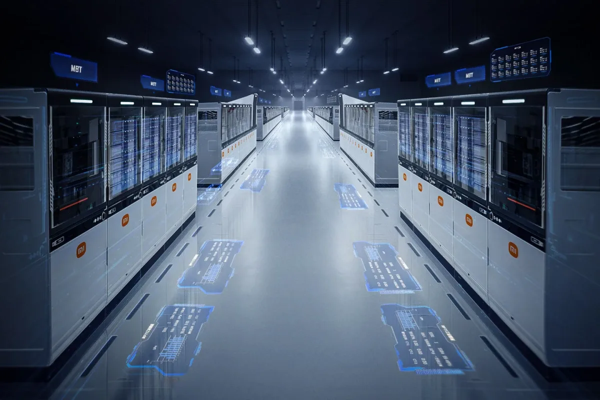A photo of a darkened hallway in Xiaomi’s dark factory. Xiaomi’s fully autonomous “dark” factory in Changping, Beijing, is a glimpse into the future of manufacturing with robotics and AI.