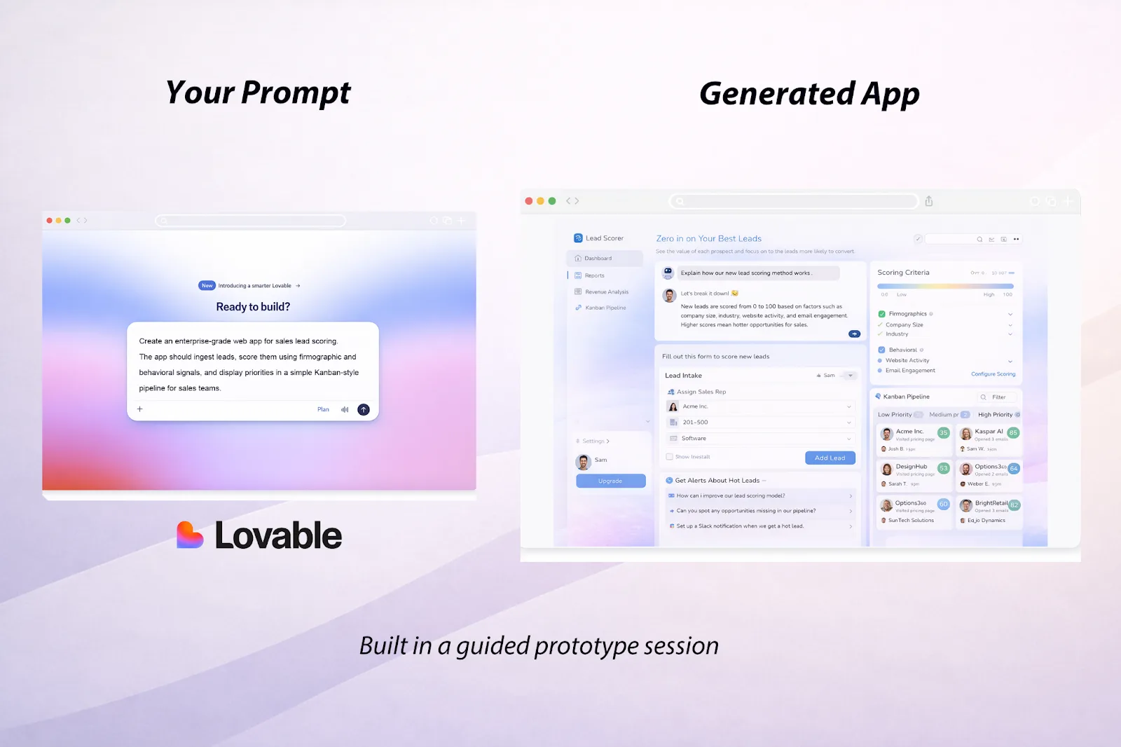 A graphic showing what a prompt might yield in an AI prototyping app like Lovable. On the left we see a prompt, and on the right, we see a generated sales lead scoring tool app.