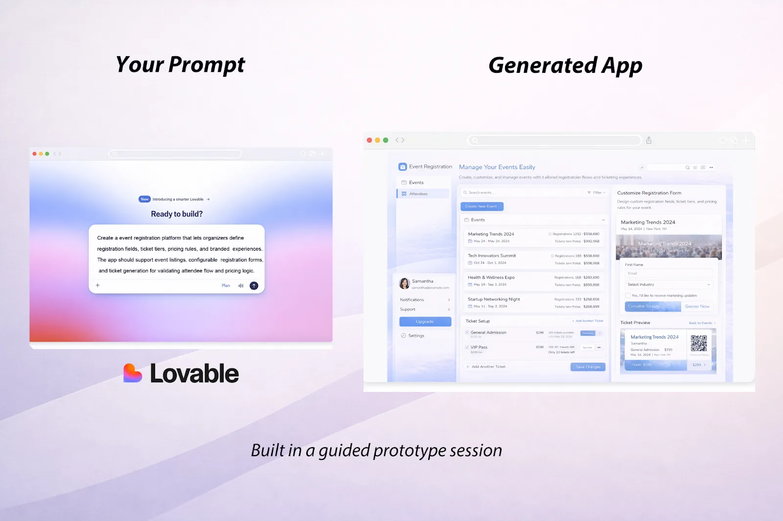A graphic showing what a prompt might yield in an AI prototyping app like Lovable. On the left, we see a prompt, and on the right, we see a generated custom event registration platform.