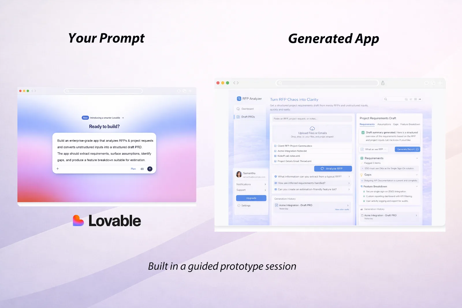 A graphic showing what a prompt might yield in an AI prototyping app like Lovable. On the left, we see a prompt, and on the right, we see a generated project request analyzer.