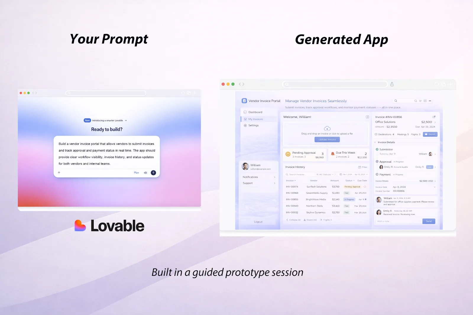 A graphic showing what a prompt might yield in an AI prototyping app like Lovable. On the left, we see a prompt, and on the right, we see a generated vendor invoice portal.