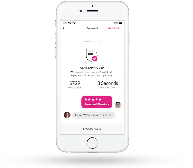 A mobile phone screen displays the Lemonade app approving an AI-powered insurance claim in three seconds, including a $729 payout and five-star customer feedback.