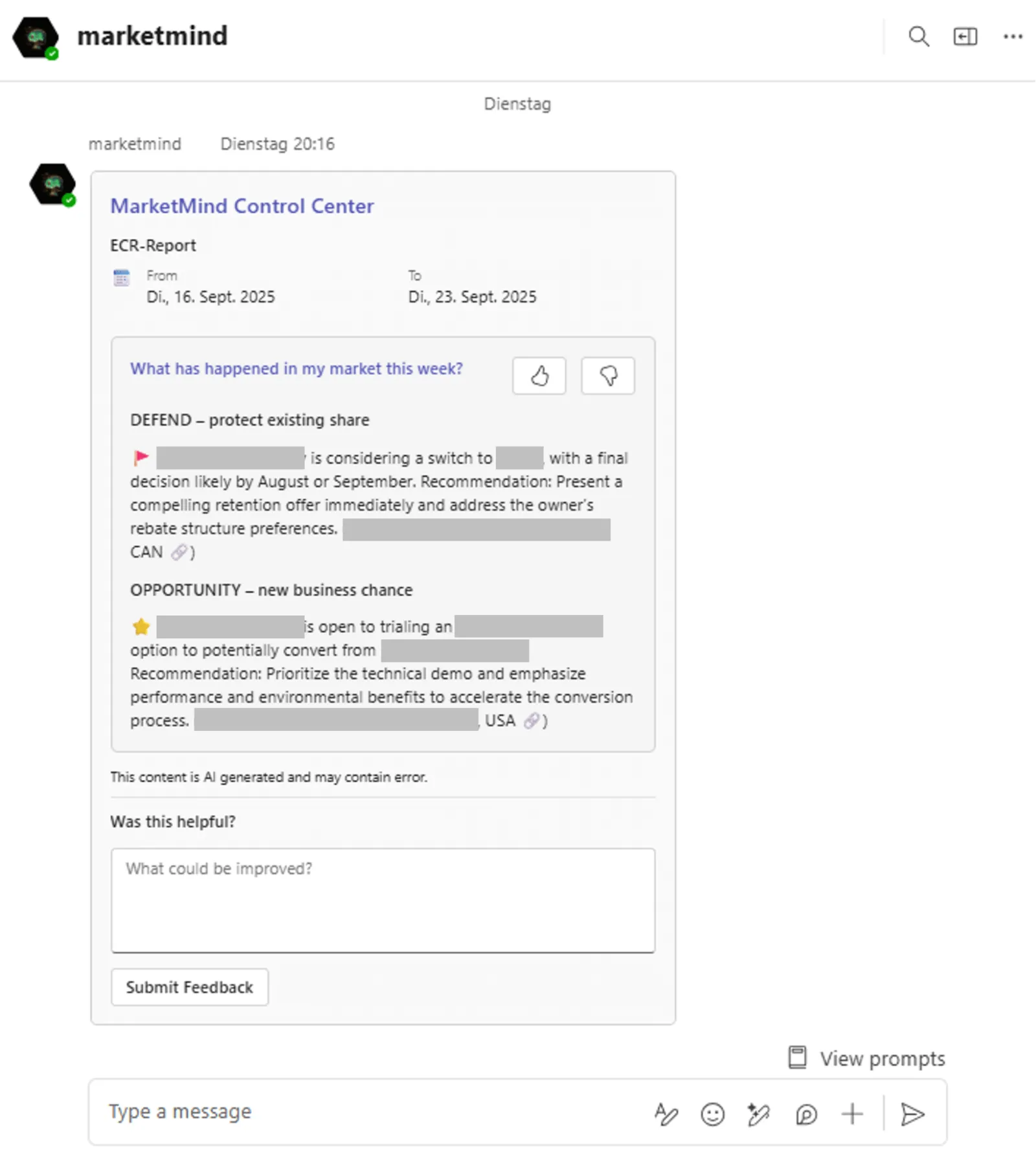 Here we see the user chat window for Marketmind, BASF Coating’s multi-agent AI system. The user has asked, “What has happened in my market this week?” and Marketmind Control Center responded with information categorized by “DEFEND” and “OPPORTUNITY.”