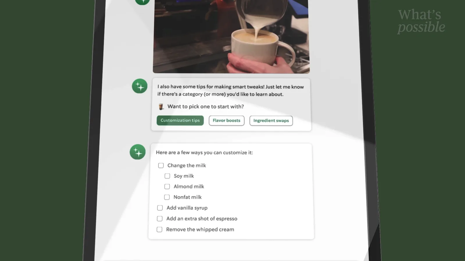 A tablet screen showing the Starbucks Green Dot Assist interface, an enterprise AI platform giving baristas real-time drink customization guidance powered by Starbucks' unified AI-ready data infrastructure.