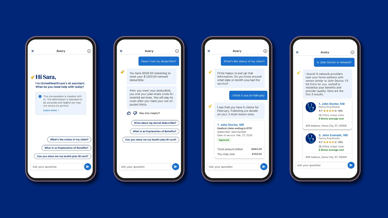 Four smartphone screens showing UnitedHealthcare's Avery AI assistant answering member questions about deductible balances, claim status, and in-network provider search.